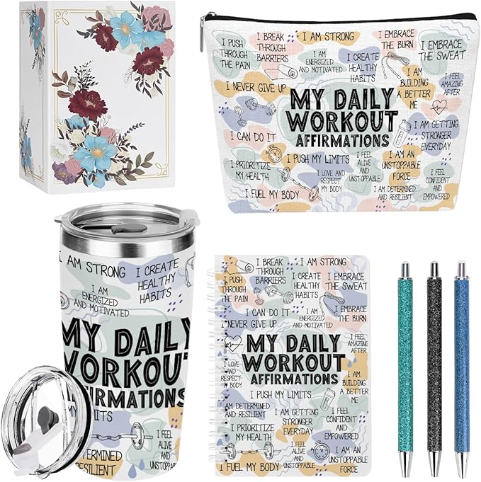 Daily Affirmations for Women Workout Encouragement Mental Health Inspirational Gifts for Women Coworker Boss Birthday Friendship Christmas, Office 6PCS 20oz Tumbler Makeup Bag Ballpoint Pen Notebook