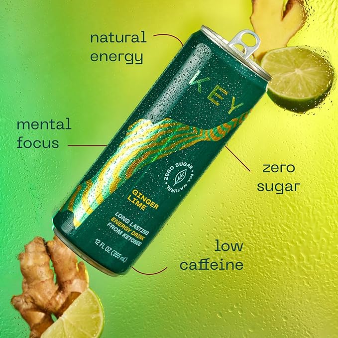 KEY Ketone Energy Drink - Sugar Free, 80mg Low Caffeine, All Natural, 11.5g Ketones, Long Lasting Energy, Green Tea & L-Theanine for Mental Focus, Ginger Lime (Pack of 12)