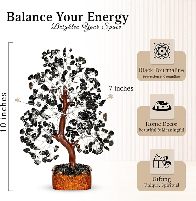 Black Tourmaline Crystal - Bonsai Tree, Money Tree, Black Tree, Tree of Life Decor, Chakra Tree of Life, Energy Gifts for Women, Crytals and Gemstones
