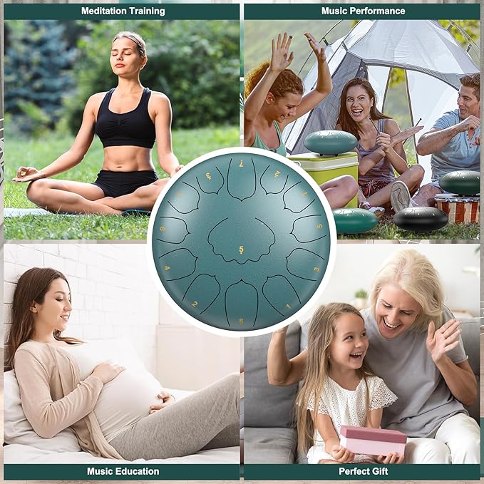 D Major Steel Tongue Drum Handpan, 12 Inch 13 Note Rain Drum for Outside Garden, Meditation Rain Chime, Musical Percussion Instrument for Adult Gift with Bag, Music Book, Drum Mallets (Moss Blue)