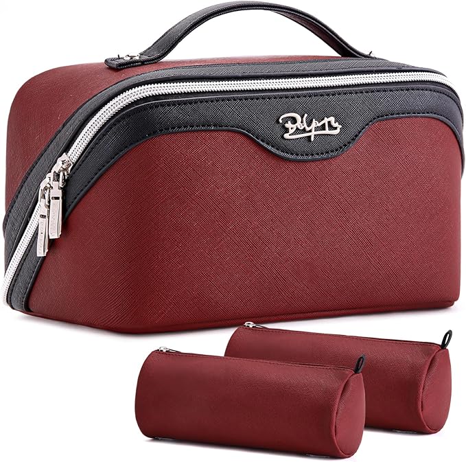 BOYATU Travel Makeup Bag Organizer Cosmetic Bag: 3 Pcs Set Make up Bags for Women with Handle - Waterproof Vegan Leather Toiletry Bags Travel Essentials Pouch with Compartments (G-05-Red)