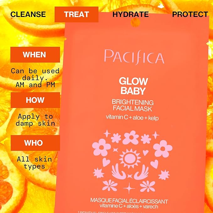 Pacifica Glow Baby Brightening Vitamin C Face Mask 4-Pack – Hydrating Serum-Soaked Sheet Mask for Glowing Skin, Fights Dullness & Dark Spots, Infused with Aloe & Kelp, 100% Vegan & Cruelty-Free