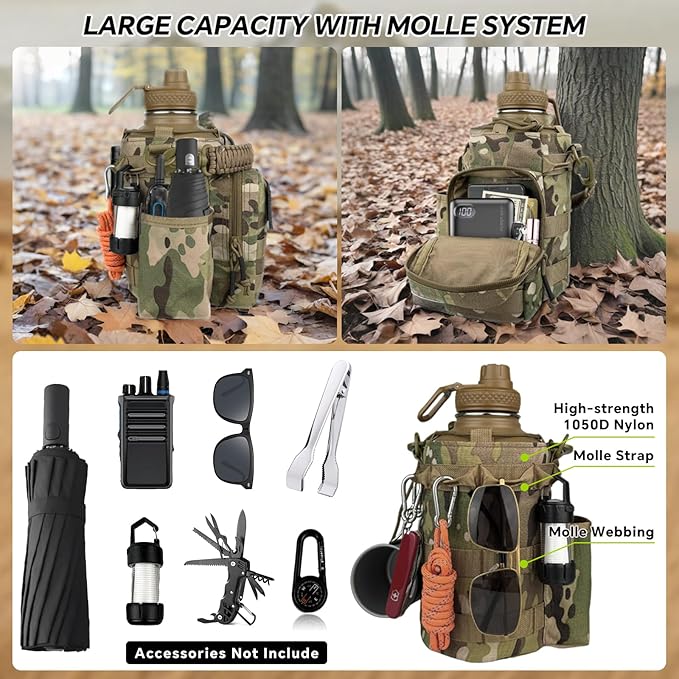 64 oz Insulated Water Bottle with Molle Sleeve-Tactical Half Gallon Stainless Steel Water Bottle with Strap&Paracord Handle for Gym Workout Hiking Hunting CP Camo