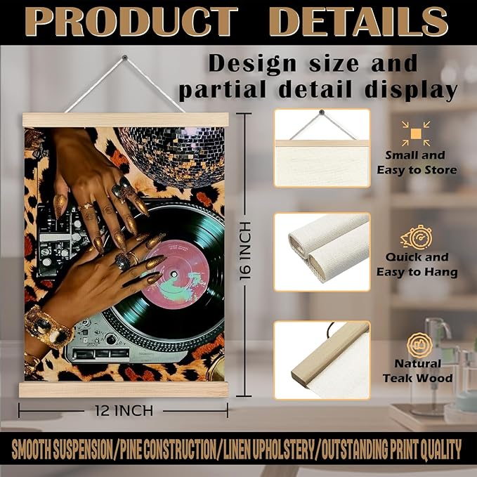 Funky Leopard Black Woman Vinyl Record Canvas Wall Art Poster, Trendy Musician CD Record Player Wall Decor Prints for Music Room Studio Home Apartment, 12x16 Inches