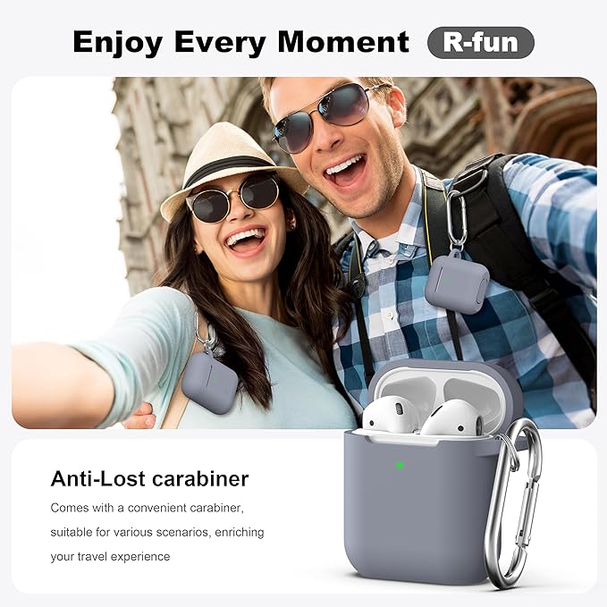 R-fun Compatible with AirPods Case Cover, Soft Silicone Protective Cover with Keychain for Women Men Compatible with Apple AirPods 2nd 1st Generation Charging Case, Front LED Visible,Dark Grey