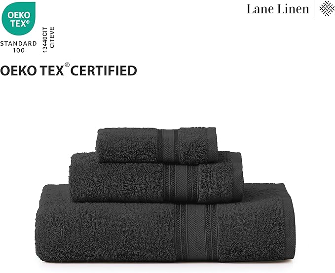 LANE LINEN Luxury Bath Towels Set - 12 Piece Set, 100% Cotton, Zero Twist, Quick Dry Shower Towel, Absorbent Towel, Super Soft, 4 Bath Towels, 4 Hand Towels, 4 Wash Cloths - Black