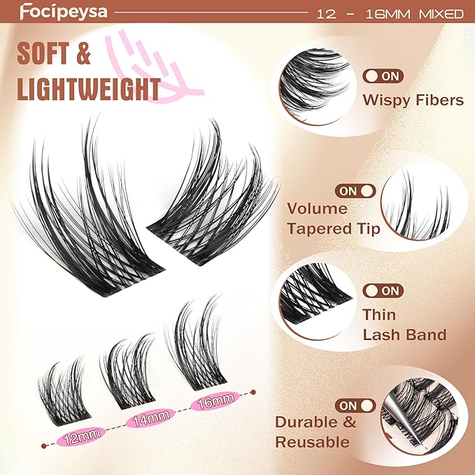 Focipeysa Natural Lash Clusters Wispy Lash Extensions 12-16mm Spiky Manga Eyelash Clusters Salon Effect Pestañas Postizas Naturales DIY Individual Eyelash Extensions at Home