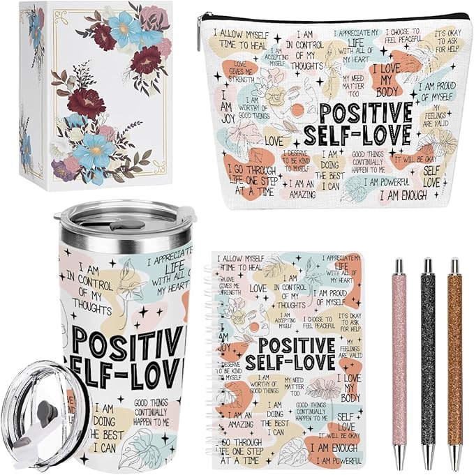 Positive Affirmations Self Love Mental Health Gifts Inspirational Gifts for Women Mom Bestie Coworker Birthday Friendship Appreciation Christmas , 6PCS 20oz Tumbler Makeup Bag Ballpoint Pen Notebook