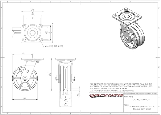 V Groove Semi Steel Cast Iron Swivel Top Plate Heavy Duty Caster with 5 Inch Wheel – 1,100 lbs. Capacity/Caster - Service Caster Brand