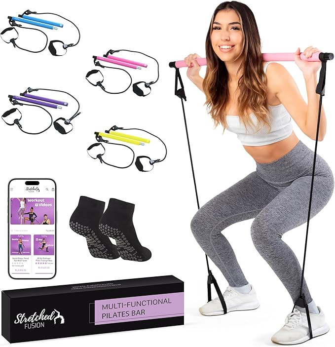 Pilates Bar Kit for Home Workouts | Portable Home Pilates Kit Set for Women & Men | Workout Bar for Legs, Hip, Waist and Arm | Includes Pilates Socks, 30-Day Challenge & Meal Plan