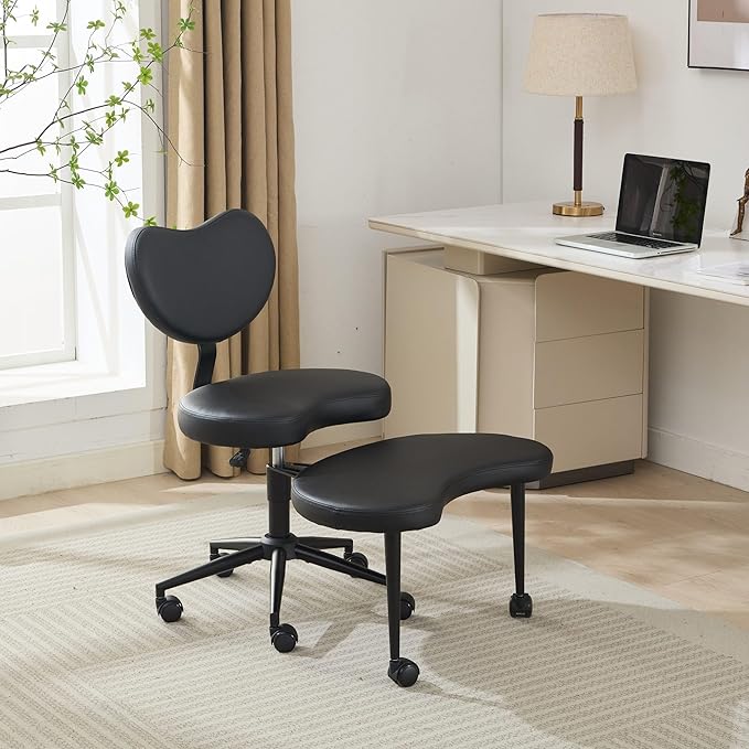 Cross-Legged Meditation Chair with Wheels, Adjustable Desk Chair for Home Office, Ergonomic Floor Seat for ADHD & Yoga, Criss Cross Chair with Lumbar Support, Memory Foam Cushion (Black-PU Leather)