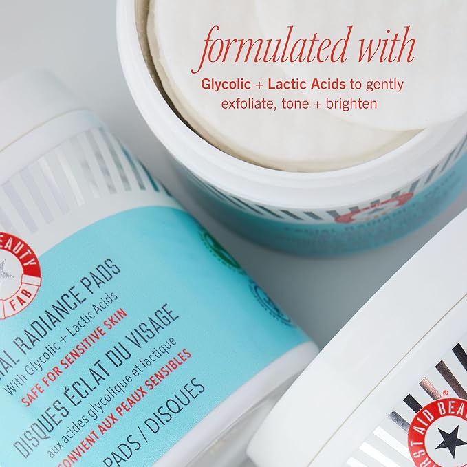 First Aid Beauty - Facial Radiance Pads with Gycloic & Lactic Acids – Daily Exfoliating Pads with AHA that Help Tone & Brighten Skin – Makeup Routine Prep - Compostable for Daily Use – 28 Count