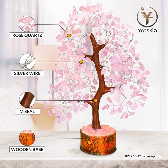 YATSKIA Rose Quartz Tree, Quartz Crystal Feng Shui Decor, Healing Crystal Decor, Feng Shui Money Tree, Gifts for Women, Meditation, Reiki (10-12 Inches)