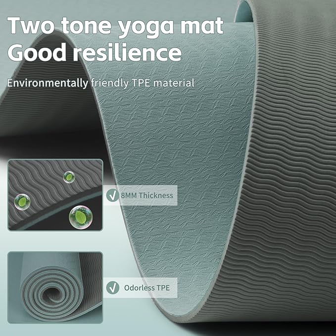 Yoga Mat 8mm Super Thick TPE Fitness Mat | SGS Certified | Non-Slip, Odorless & Tear-Resistant | Unisex with Strap | for Yoga, Pilates, Meditation & Home Workouts
