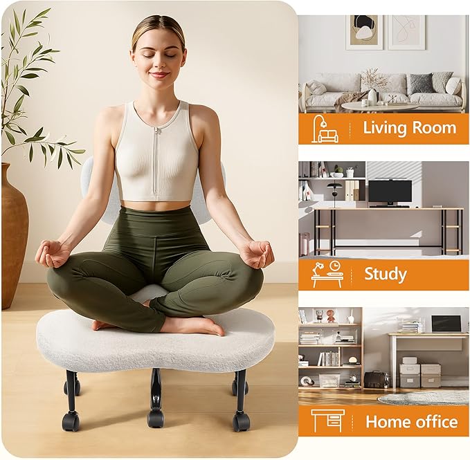 Cross Legged Office Chair, Criss Cross Desk Chair ADHD Meditation Kneeling Yoga Seat with Adjustable Height, Lumbar Support, Wider Footrest and Wheels (Pearl White)