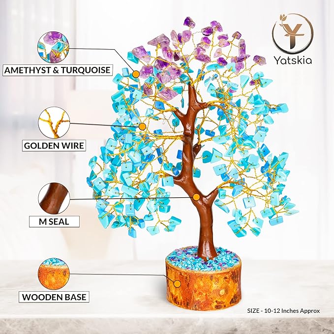 YATSKIA Amethyst and Turquoise Crystal Tree, Gemstone Tree Home and Office Decor, Good Luck Gifts, Crystals Decor, Housewarming Gifts