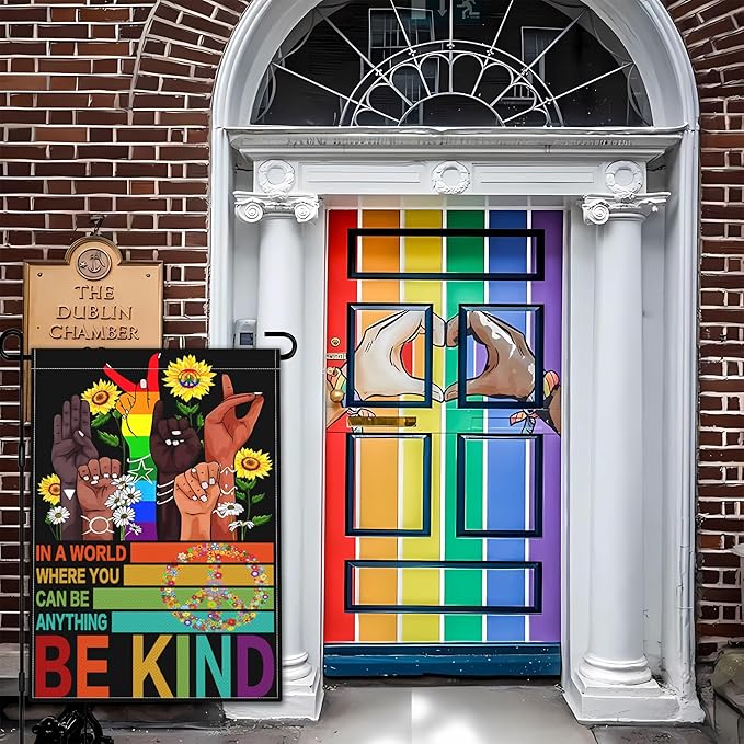 Be Kind Garden Flag 12x18 Inch In A World Where You Can Be Anything Garden Flag 3ply Polyester Double Sided with Rainbow and Peace Sign for Outdoor House Yard Outside Garden Decor