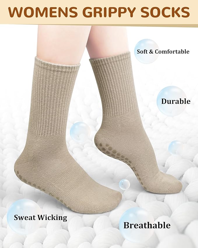 Justay 6 Pairs Pilates Socks with Grips for Women Soft Non Slip Crew Cotton Athletic Workout Barre Hospital Yoga Socks