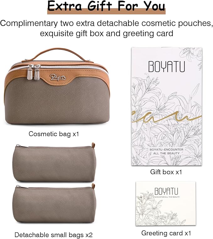 BOYATU Travel Makeup Bag Organizer Cosmetic Bag: 3 Pcs Set Make up Bags for Women with Handle - Waterproof Vegan Leather Toiletry Bags Travel Essentials Pouch with Compartments (G-06-Grey)
