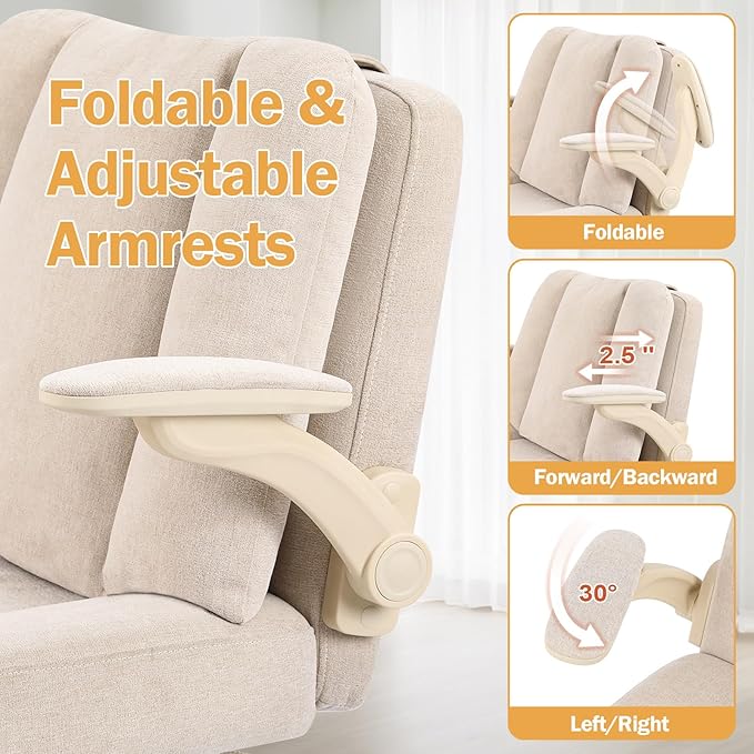 Criss Cross Chair with Arms, Plus Size Cross Legged Desk Chair with Flexible Back Cushion, Adjustable Arm Rest, Extra Wide Seat, 350lbs Fabric Home Office Chair with Castors and Bell Glides, Cocoa