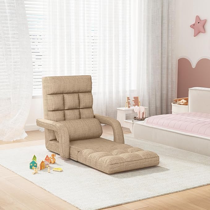 Floor Gaming Chair for Adults, 6-Position Adjustable Chaise Lounge Chair with Meditation Arm, Foldable Lazy Sofa with Pillow, Comfy Chair Indoor for Bedroom Dorm Living Room, Beige