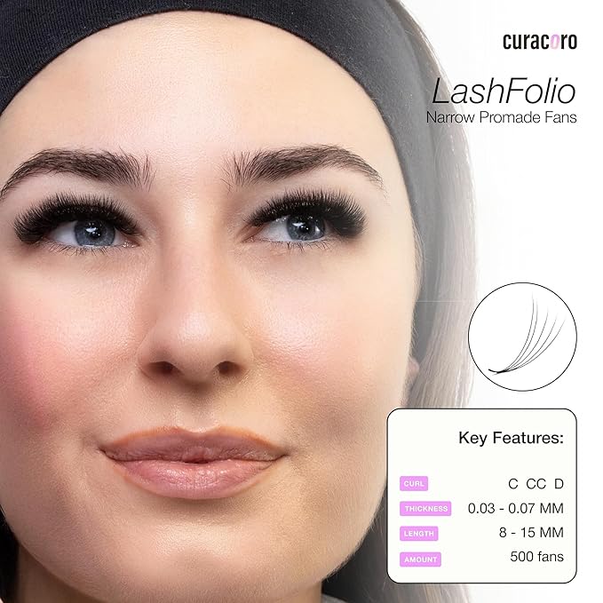 Curacoro LashFolio Narrow Promade Fans, Handmade Volume Eyelashes, 5D~10D, C CC D Curl, Thickness 0.03~0.07mm, 8-15mm Length, Professional Long-Lasting Promade Lash Fans (5D-0.07 D, 11mm)