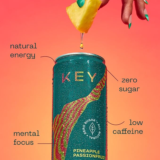 KEY Ketone Energy Drink - Sugar Free, 80mg Low Caffeine, All Natural, 11.5g Ketones, Long Lasting Energy, Green Tea & L-Theanine for Mental Focus, Pineapple Passionfruit (Pack of 12)