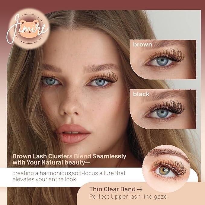 JIMIRE Brown Lash Clusters Wispy Lash Extensions Invisible Lash Band Eyelash Clusters Lightweight Lash Clusters 8-16MM Soft CC Curly Cluster Eyelash Extensions DIY Drak Brown Cluster Lashes at Home