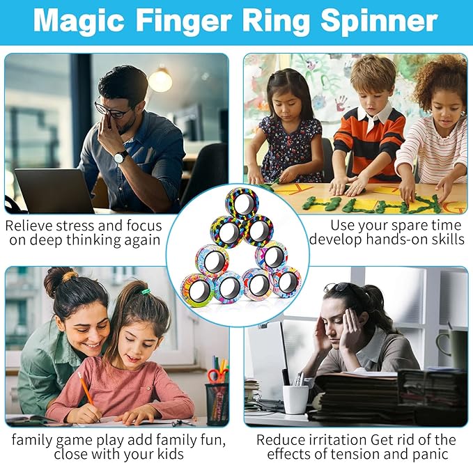 18Pcs Magnetic Rings Fidget Toys Spinner Set Easter Basket Stuffers,Finger Magnet Rings Endless Hours of Fun ADHD Stress Relief Fidget Spinner for Relieve Anxiety Birthday for Adults Teens Kids