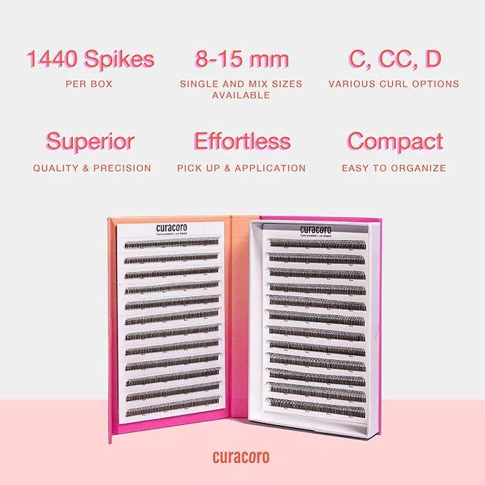 Curacoro LashFolio Wet Promade Fans, Handmade Volume Eyelashes, 5D To 10D, C CC D Curl, 0.03~0.07 mm, 8-13mm Mix Length, Professional Long-Lasting Promade Lash Fans (5D-0.07 C 8mm-13mm)