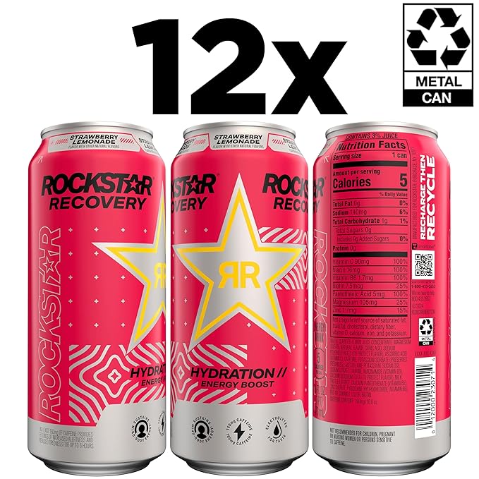 Rockstar Recovery Strawberry Lemonade, 16 Fl Oz (Pack of 12) (Packaging and Formula May Vary)