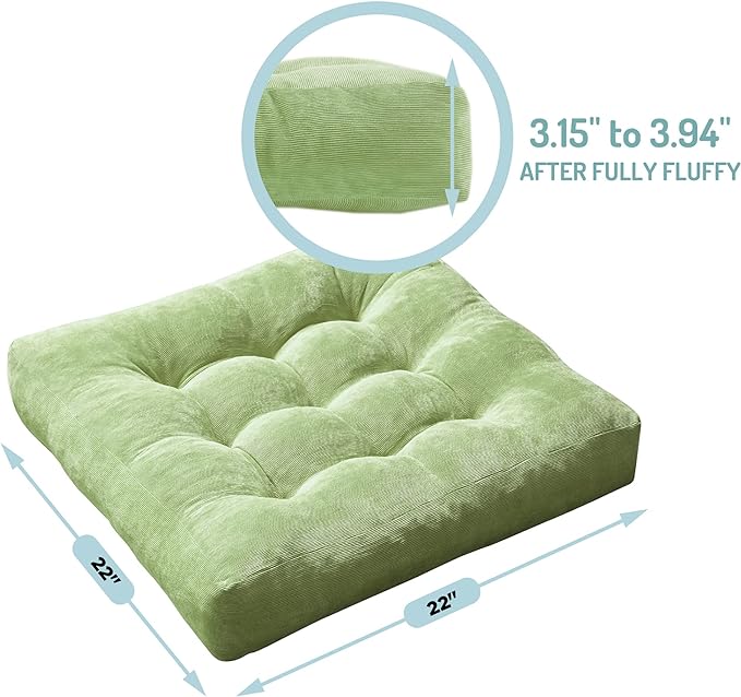Degrees of Comfort Meditation Floor Pillow, Square Large Pillows Seating for Adults, Tufted Corduroy Cushion for Living Room Tatami, Green 22x22 Inch