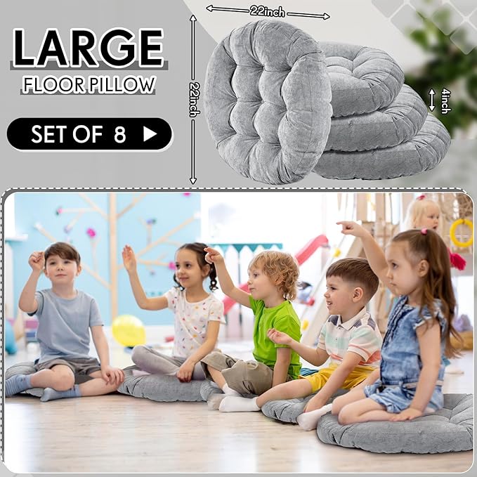 Jerify 8 Pcs Round Floor Pillows Cushions 22 x 22 Inch Large Flexible Seating Cushion Classroom Furniture Floor Pillow for Kids Adults Home Daycare Preschool Yoga Meditation Gift (Light Gray)