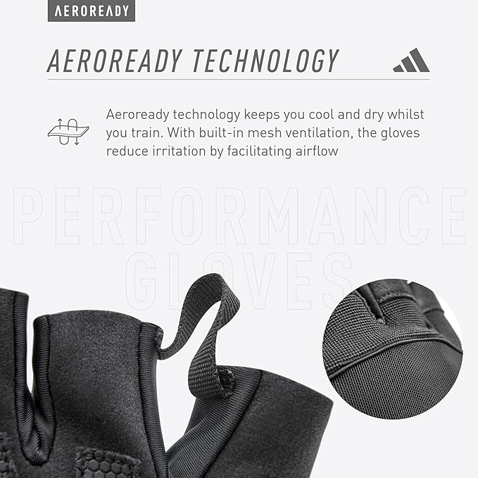 adidas Aeroready Performance Weightlifting Gloves, Fingerless Workout Gloves