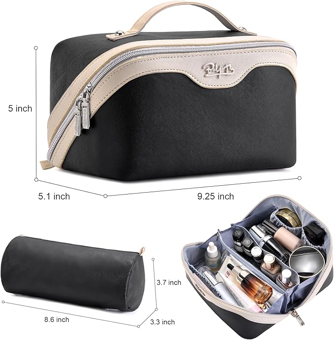 BOYATU Travel Makeup Bag Organizer Cosmetic Bag: 3 Pcs Set Make up Bags for Women with Handle - Waterproof Vegan Leather Toiletry Bags Travel Essentials Pouch with Compartments (G-02-Black)