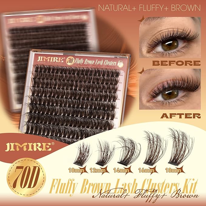 JIMIRE Brown Lash Extension Kit Natural Look Wispy Brown Lash Clusters Individual Lashes with Lash Bond and Seal Wsipy D Curl 10-18MM DIY Eyelash Extension Kit Fluffy Brown Cluster Lashes 180Pcs