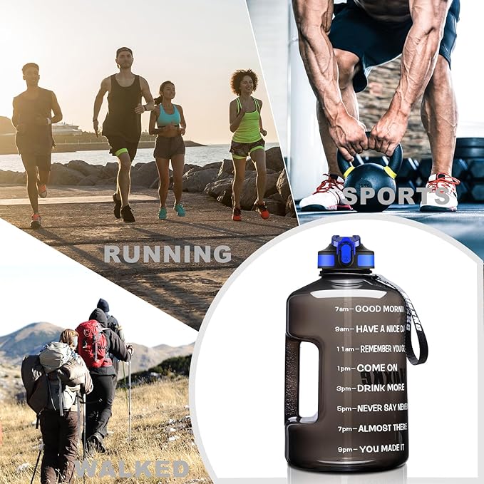 1 Gallon Motivational Sports Water Bottle with Time Marker, BPA Free 128oz Leak Proof Jug, Black, Plastic, 128 ounces, Fitness, Sports, Outdoor Activities