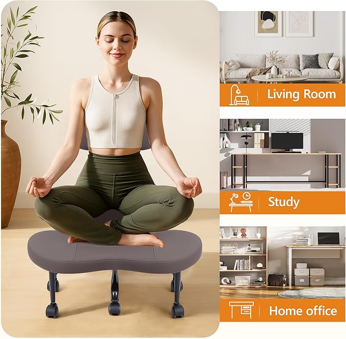Cross Legged Office Chair, Criss Cross Desk Chair ADHD Meditation Kneeling Yoga Seat with Adjustable Height, Lumbar Support, Wider Footrest and Wheels (Dark Brown)
