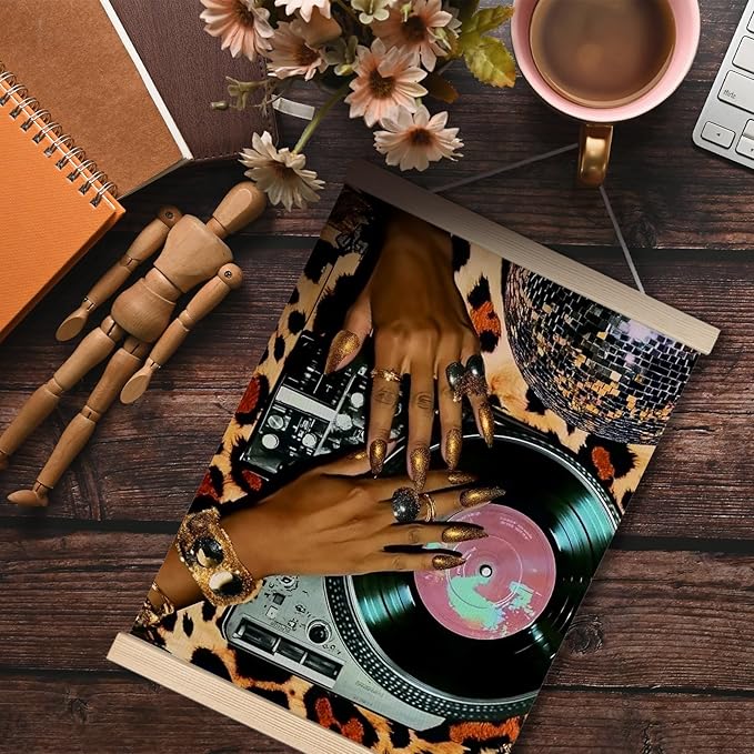 Funky Leopard Black Woman Vinyl Record Canvas Wall Art Poster, Trendy Musician CD Record Player Wall Decor Prints for Music Room Studio Home Apartment, 12x16 Inches