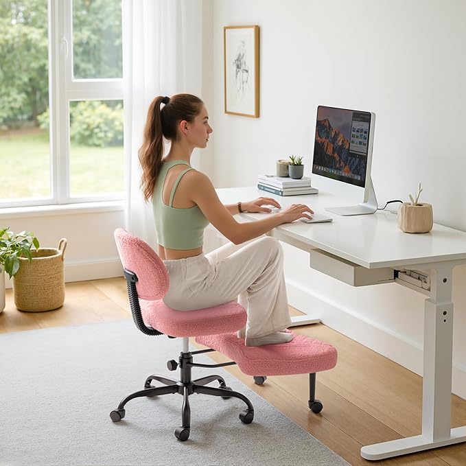 Furmax Ergonomic Criss Cross Legged Office Chair with Wheels, 360°Swivel Adjustable Height Kneeling Desk Chair with Footrest for ADHD, Yoga, Meditation, Home Office (Teddy Fabric, Pink)