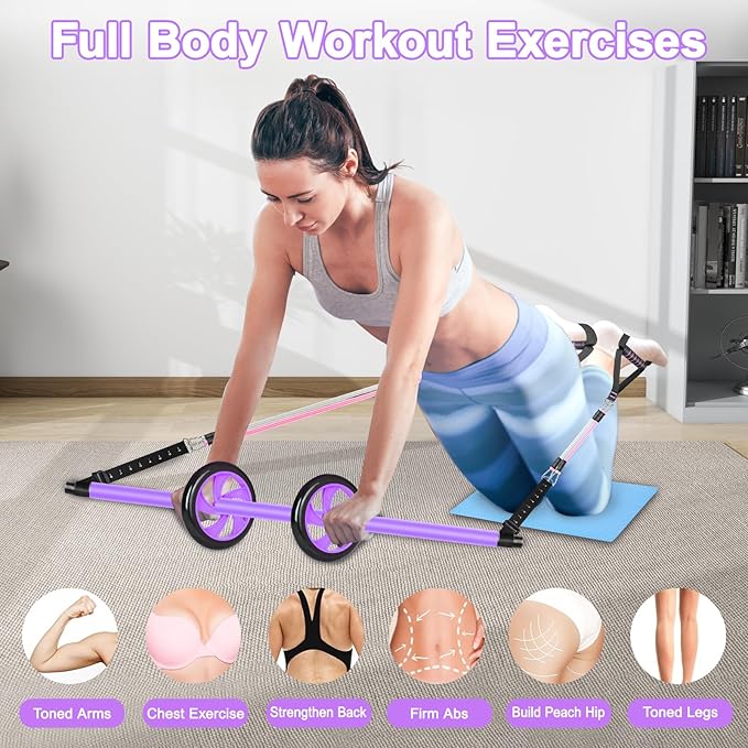 Pilates Bar Kit with Resistance Bands,Ab Roller,2 in 1 Foot Strap & Handle,Door Anchor Pilates Equipment with Resistance Bands, Portable Home Gym Yoga Fitness Bar for Women & Men