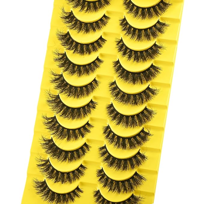 False Eyelashes Short Lashes Full Mink Lash Strips 10 Pairs Fluffy Cat Eye Strip Eyelash Wispy Volume Lashes Pack Fake Cateye EyeLash Natural Look