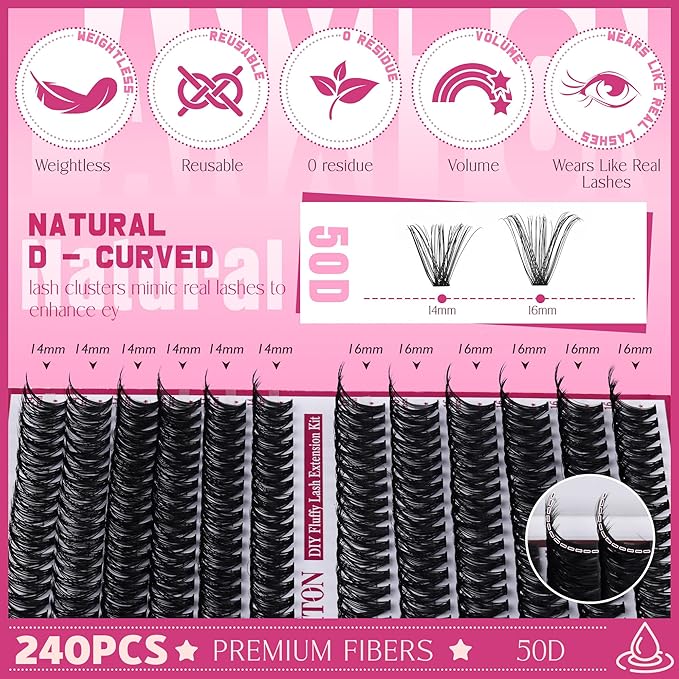 FANXITON Cluster Lashes 50D Lash Clusters D Natural Eyelashes Extensions 14-16mm Mix Individual Lashes Thin Band Lash Bond and Seal Tweezers Eyelashes Cluster for DIY Lash Extension