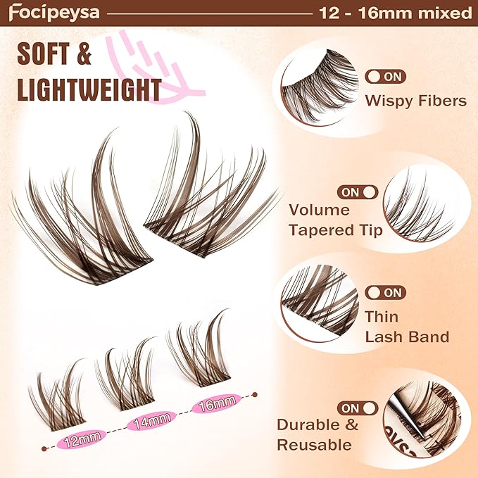 Focipeysa Brown Lash Clusters Spiky Eyelashes Wispy Lash Extensions 12-16mm Manga Eyelash Clusters Salon Effect Pestañas Postizas Naturales Spiky Brown Individual Eyelashes Extensions