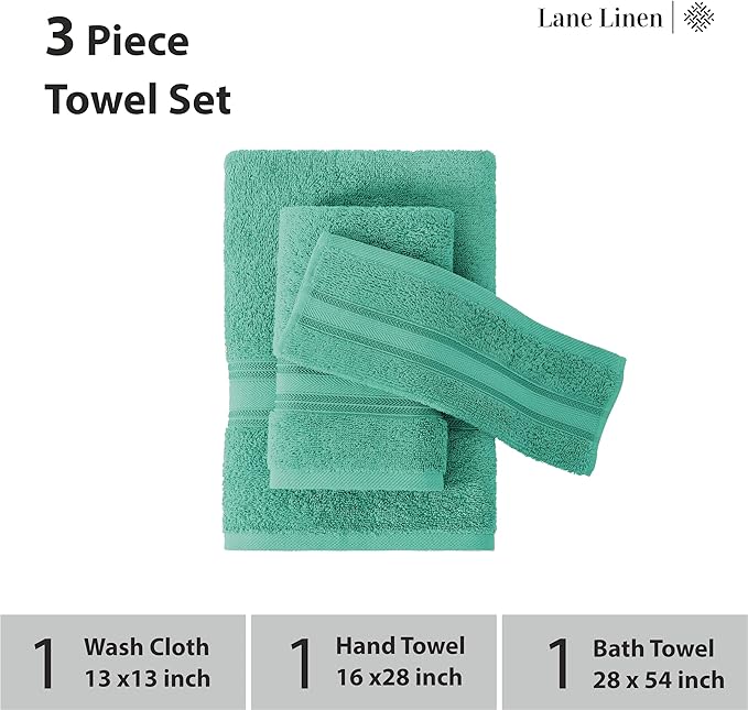 LANE LINEN Luxury Bath Towels Set - 3 Piece Set, 100% Cotton Bathroom Towels, Zero Twist, Quick Shower Towels, Absorbent Towel, Super Soft, 1 Bath Towel, 1 Hand Towel, 1 Wash Cloths - Teal