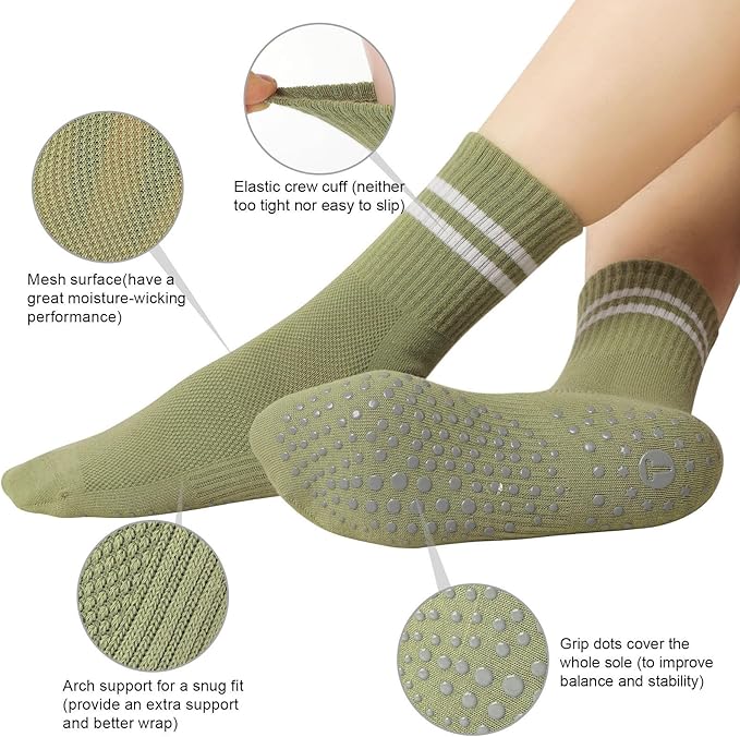 Toes Home Pilates Socks for Women with Non Slip Grippers, Yoga Crew Socks for Barre Hospital Sticky Slipper Socks 4 Pairs