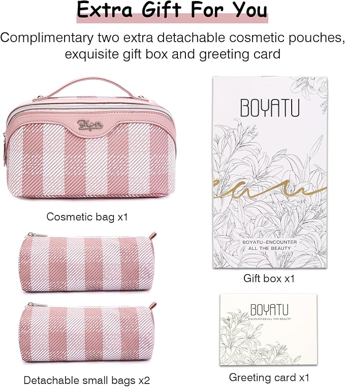 BOYATU Travel Makeup Bag Organizer Cosmetic Bag: 3 Pcs Set Make up Bags for Women with Handle - Waterproof Vegan Leather Toiletry Bags Travel Essentials Pouch with Compartments (F-03-Pink)