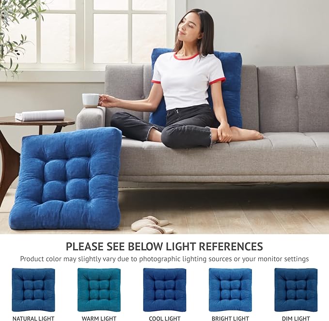 Degrees of Comfort Square Large Pillows Seating for Adults, Tufted Corduroy Floor Cushions for Living Room Tatami, Navy Blue, 22x22 Inch