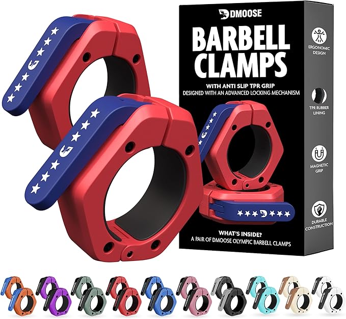 DMoose Fitness Barbell Clips 2 Inch (Pair) - Quick Release Olympic Barbell Clamps & Collars with Anti Slip TRP Grip for Secure Weightlifting and Powerlifting - Weight Clips for Bars at Home or Gym