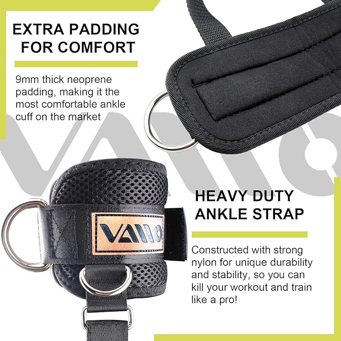 VAIIO Ankle Straps for Cable Machines,Adjustable Comfort fit Neoprene, Reinforce Double D-Ring - Premium Ankle Cuffs to Improve Abdominal Muscles, Lift The Butts, Tone The Legs for Men & Women